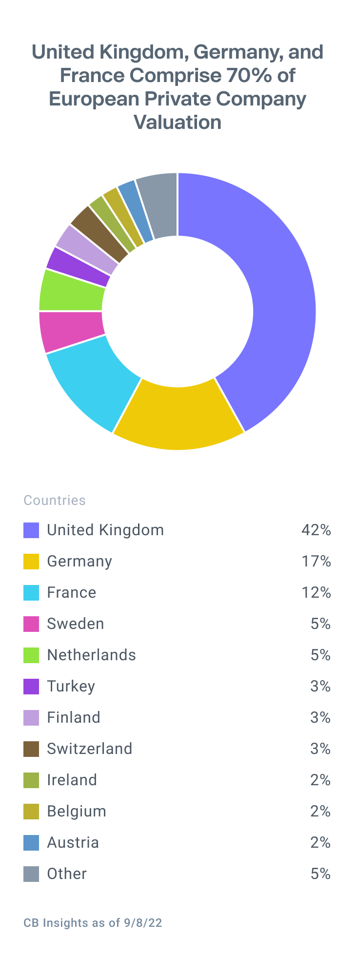 Pie chart showing that UK, Germany and France comprise 71% of European Private Company valuation